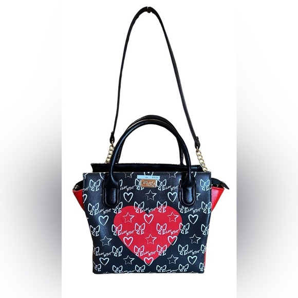 Betsey Johnson Shoulder Bag W Hearts & Bows Gold Chains On Crossbody Strap - Picture 14 of 16